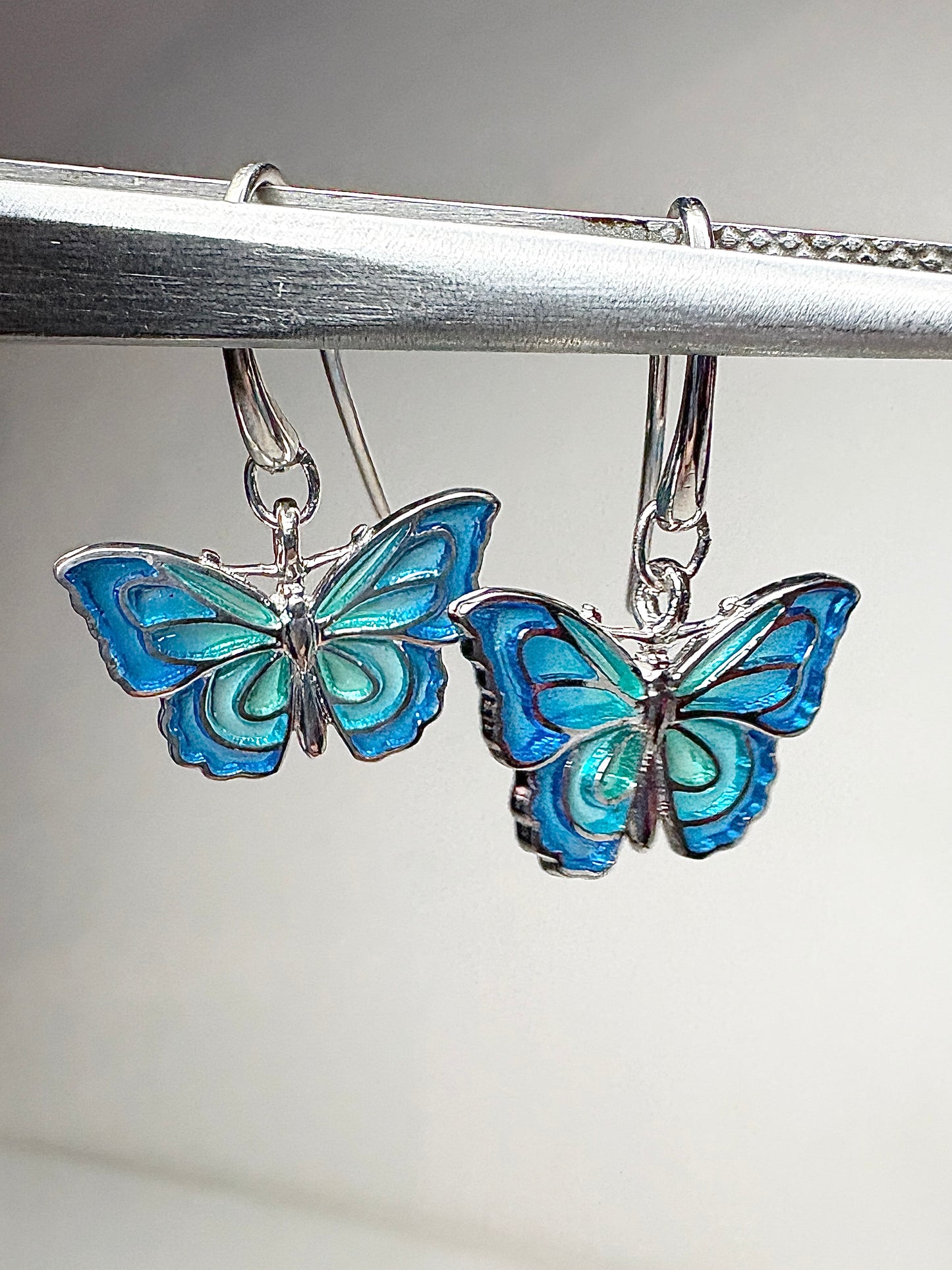Blue Plique-a-Jour Butterfly Wire Earrings. Sterling Silver