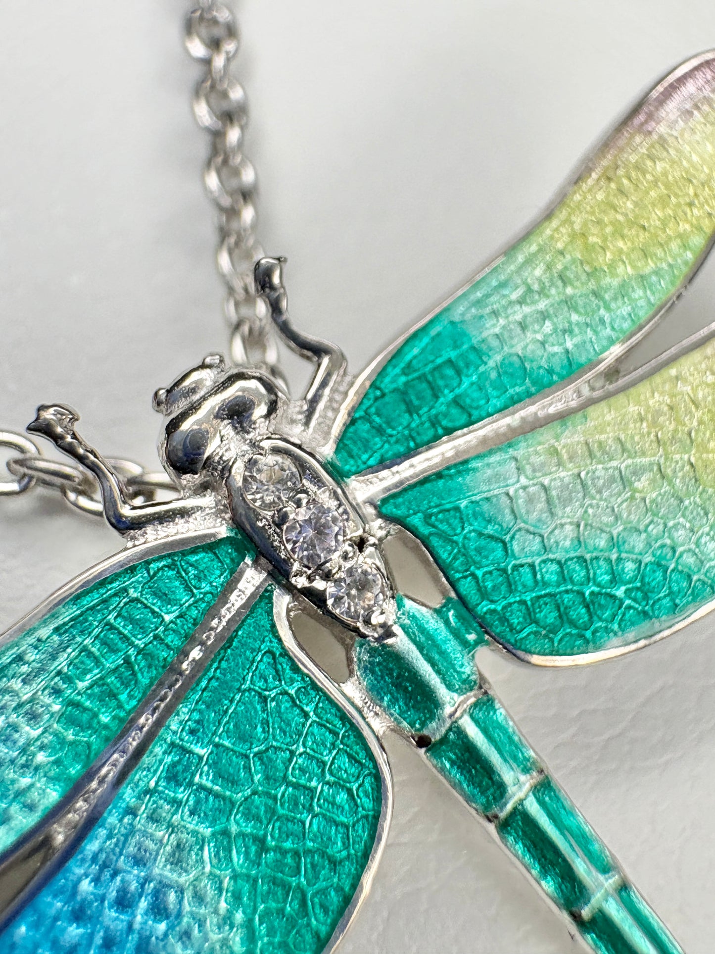 30mm Rainbow Dragonfly Necklace. Sterfling Silver-White Sapphires