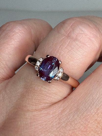 Russian Lab Grown Alexandrite Chrysoberyl and Diamond Ring Solid 10k Rose Gold size 8.75