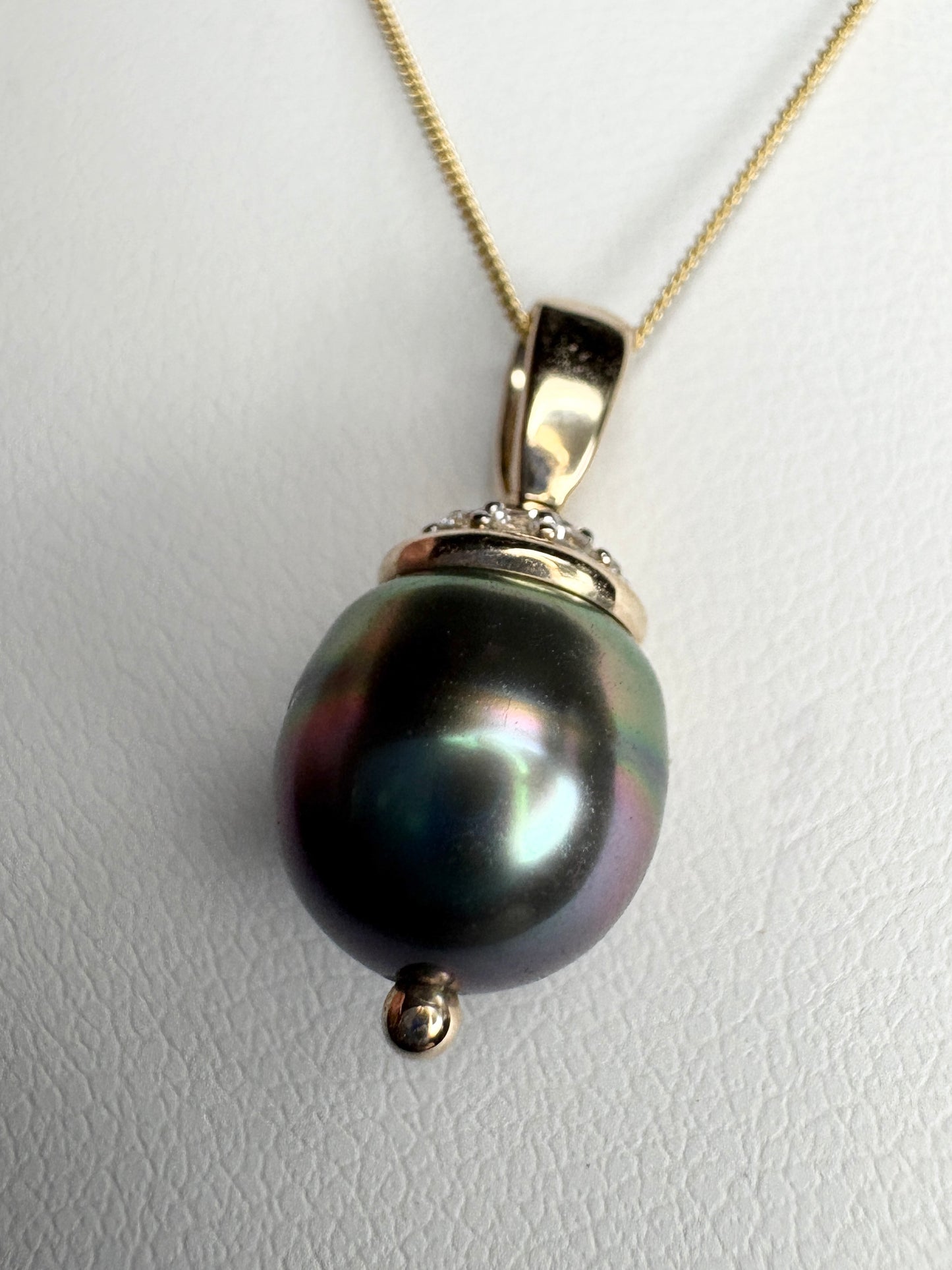Tahitian Pearl with Zircon Pendant Necklace in Solid 9K Gold 18"