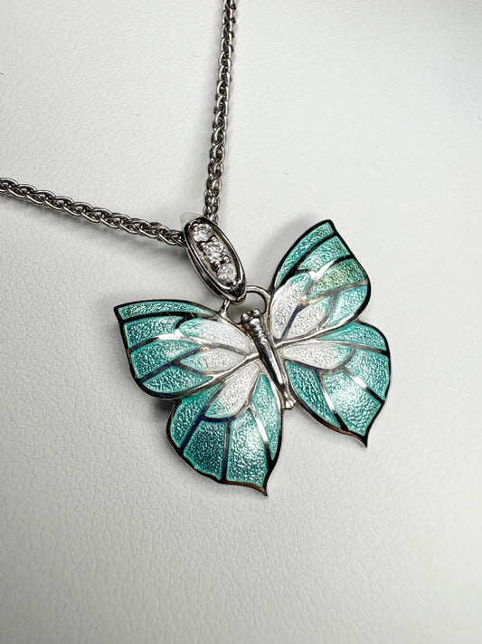 Nicole Barr Enameled Aqua Butterfly and Diamond Pendant Necklace in Adjustable Sterling Silver