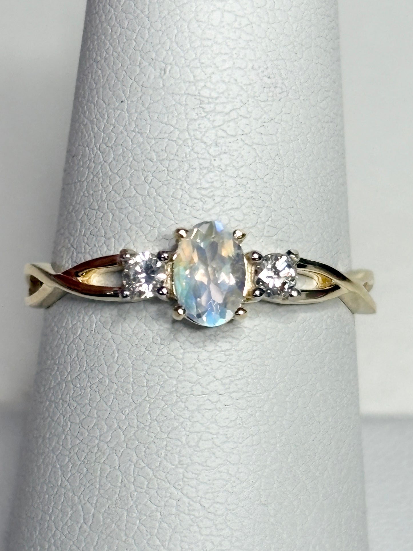 Fine Rainbow Moonstone and Diamond Ring 9k Gold size 8