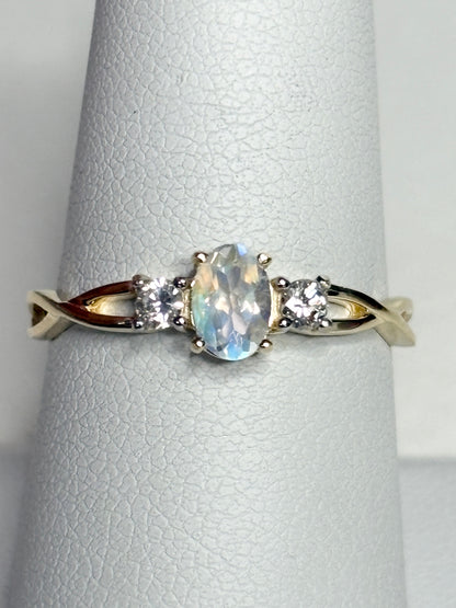 Fine Rainbow Moonstone and Diamond Ring 9k Gold size 8