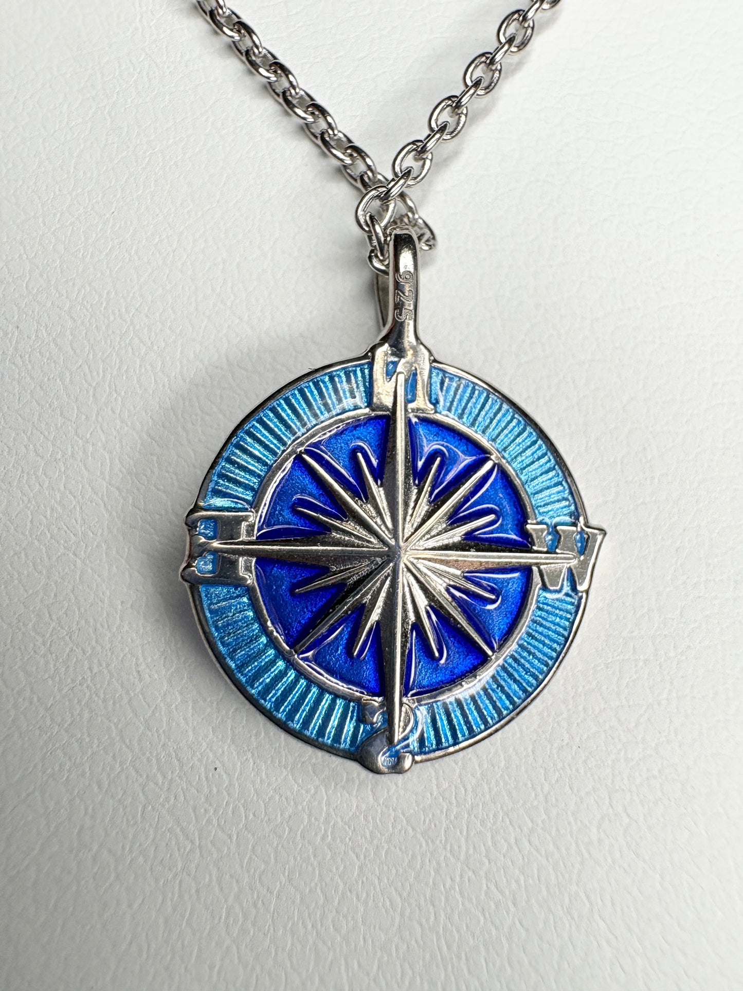 Blue Compass Rose Necklace. Sterling Silver-White Sapphires