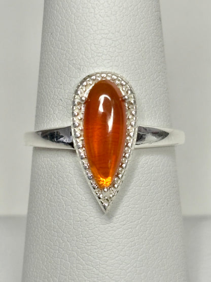 Oregon Fire Opal Cabochon Teardrop Ring Sterling Silver size 7