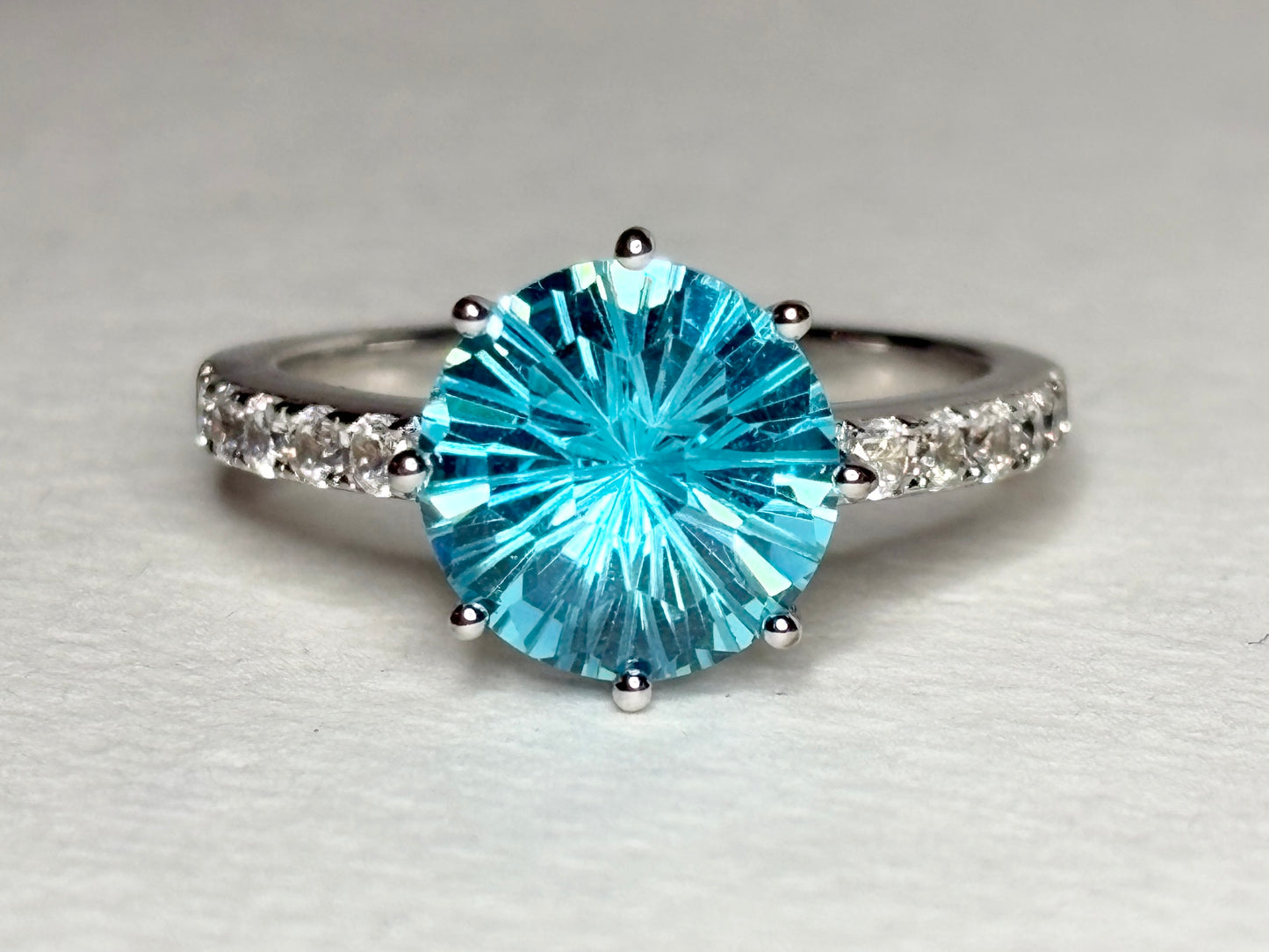 Honeycomb Cut Blue CZ Solitaire Ring in Sterling Silver size 8