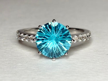 Honeycomb Cut Blue CZ Solitaire Ring in Sterling Silver size 8
