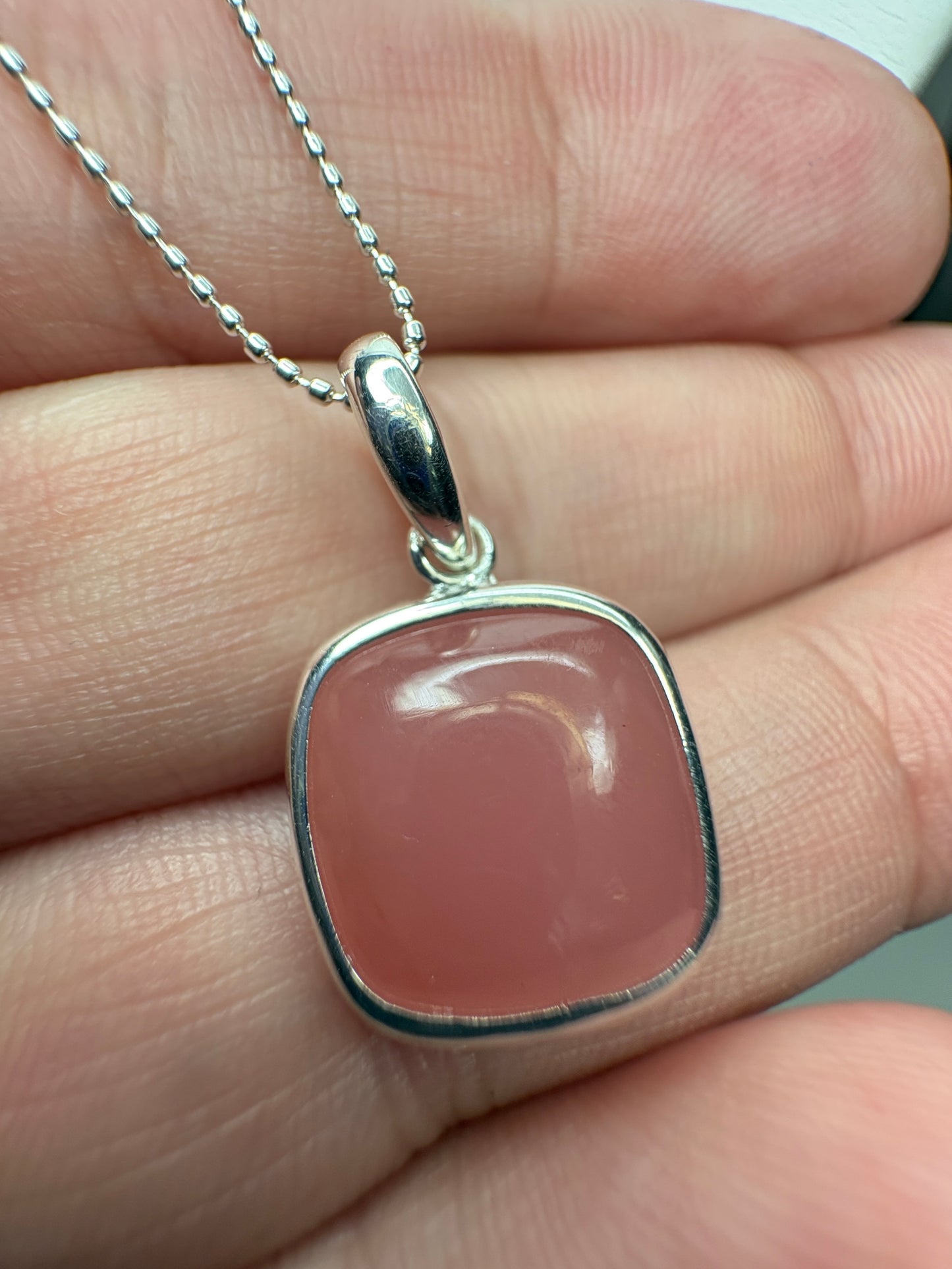 Natural Coral Chalcedony Bezel Pendant Necklace Sterling Silver 18"