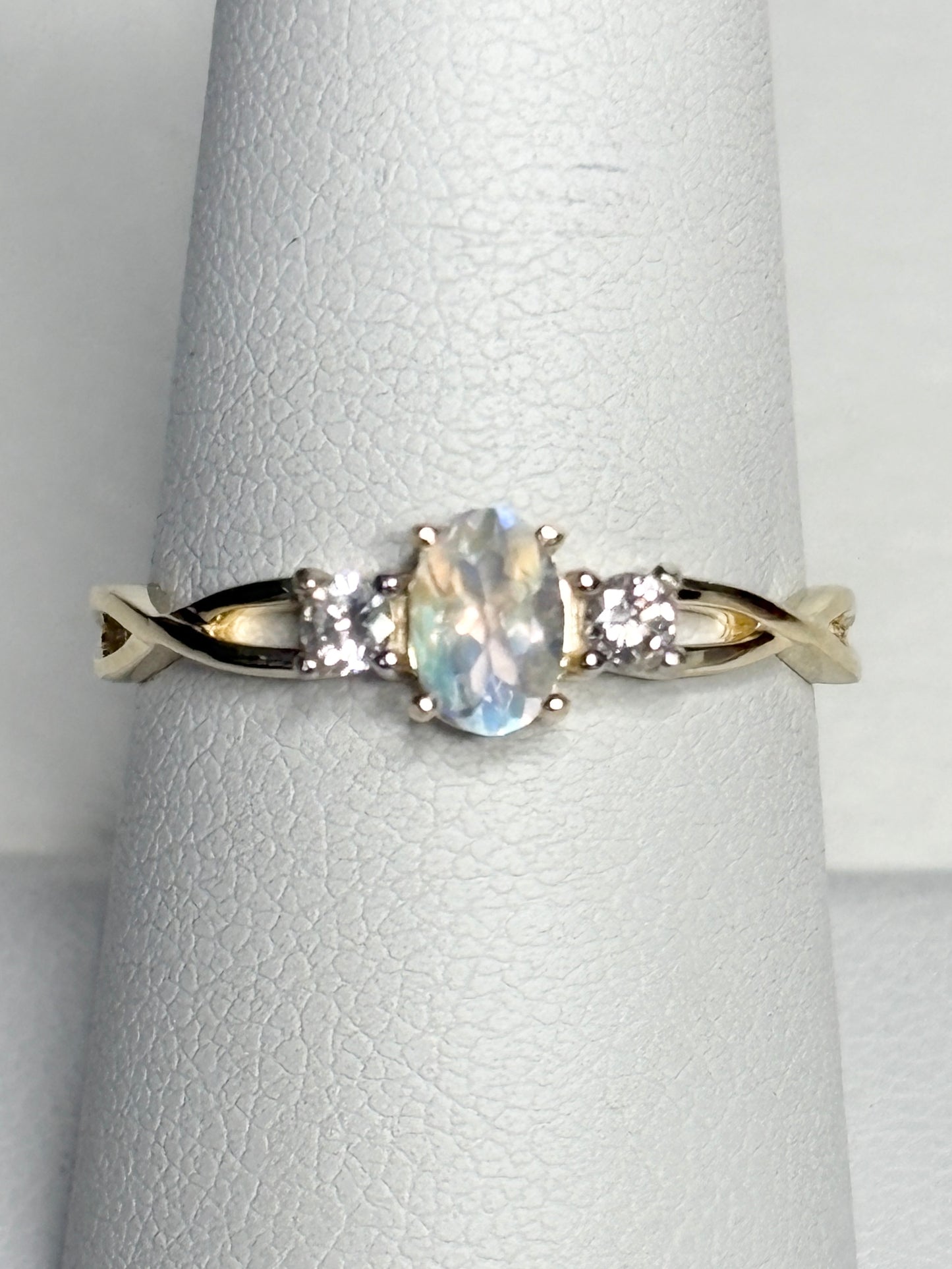 Fine Rainbow Moonstone and Diamond Ring 9k Gold size 8