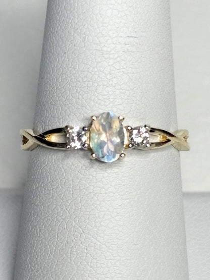 Fine Rainbow Moonstone and Diamond Ring 9k Gold size 8