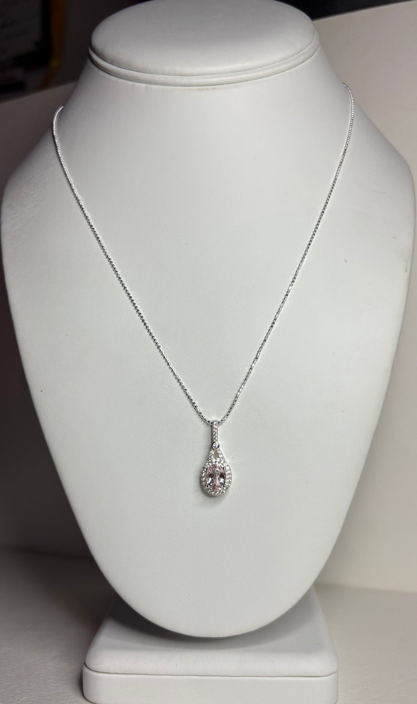 Kunzite and Zircon Halo Drop Pendant Necklace in Sterling Silver 18"
