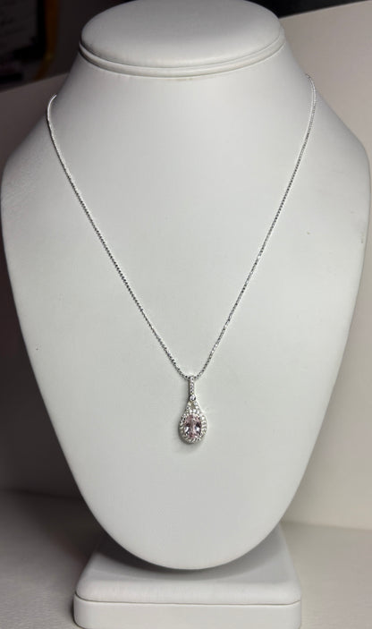 Kunzite and Zircon Halo Drop Pendant Necklace in Sterling Silver 18"
