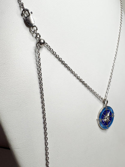 Blue Compass Rose Necklace. Sterling Silver-White Sapphires