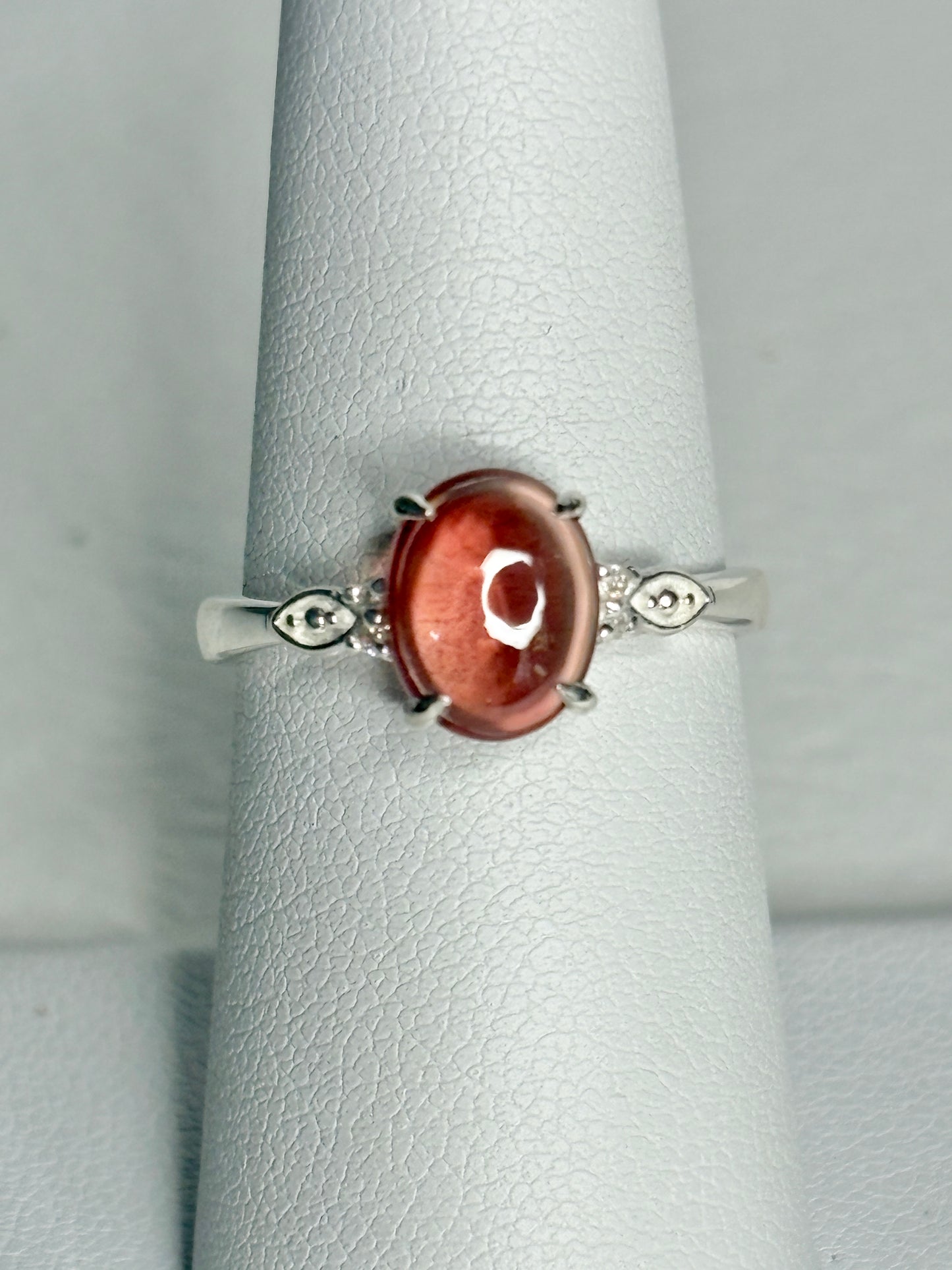 Red Oregon Sunstone Cabochon Ring with Natural Diamonds in Sterling Silver size 7