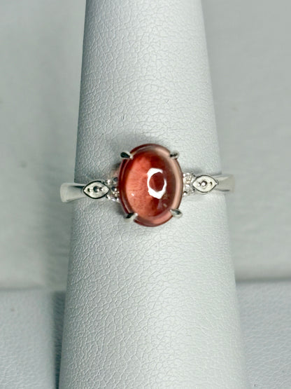 Red Oregon Sunstone Cabochon Ring with Natural Diamonds in Sterling Silver size 7