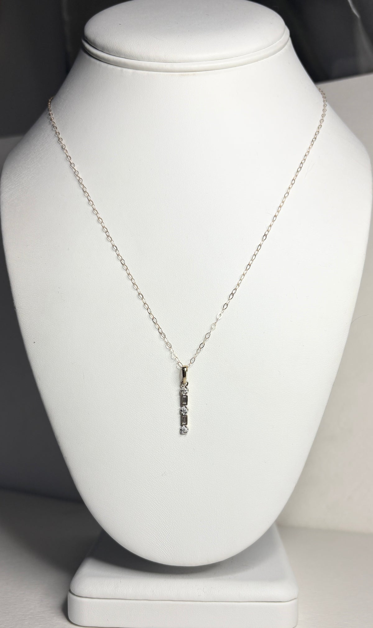 Small Natural Diamond Baguette and Round Bar Pendant Necklace 9k Gold 18"