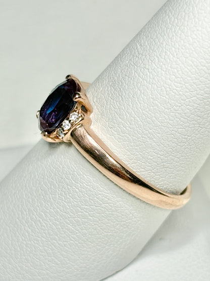 Russian Lab Grown Alexandrite Chrysoberyl and Diamond Ring Solid 10k Rose Gold size 8.75