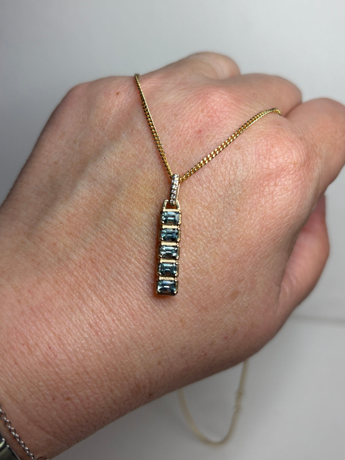 Untreated Montana Bar Sapphire and Diamond Pendant Necklace 9k with 14k Chain 18"
