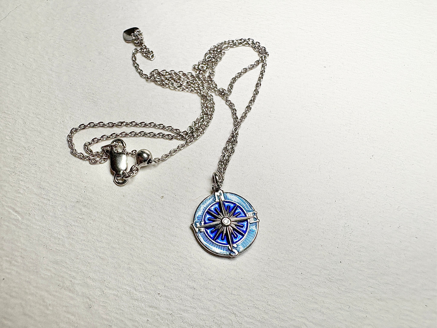 Blue Compass Rose Necklace. Sterling Silver-White Sapphires