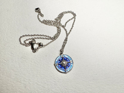 Blue Compass Rose Necklace. Sterling Silver-White Sapphires