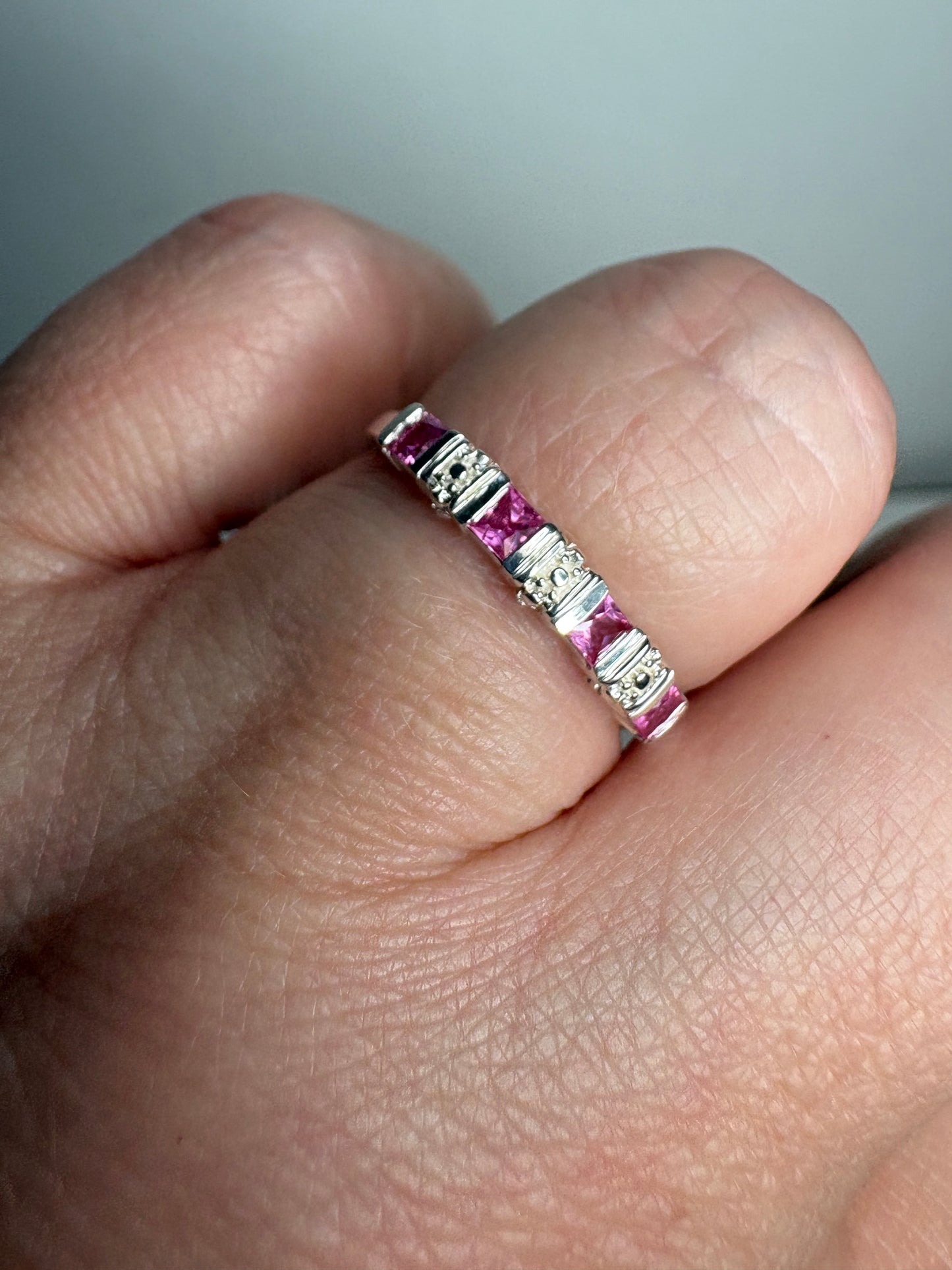 Pink Jedi Princess Cut Sapphire Stackable Band Ring Sterling Silver size 7