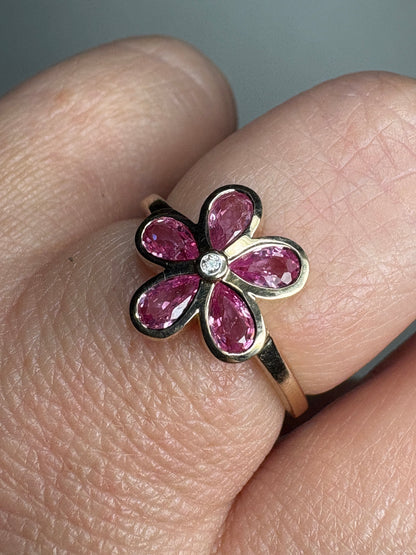 Pink Sapphire Bezel Set Flower Ring 9k Gold size 8