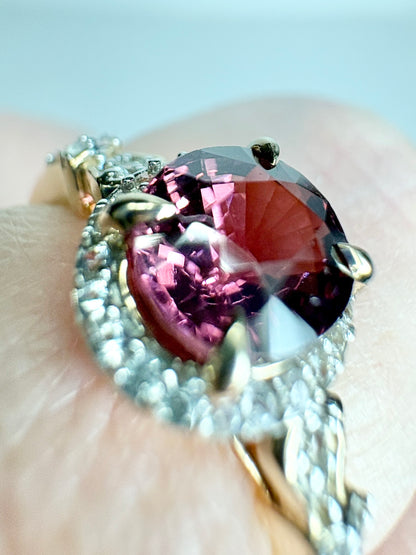 Malawi Rhodolite Garnet and Zircon Halo Ring 9k Gold size 8