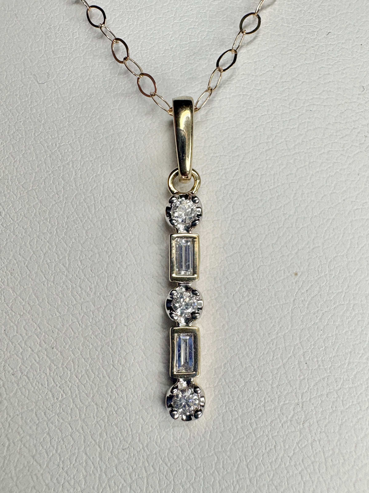 Small Natural Diamond Baguette and Round Bar Pendant Necklace 9k Gold 18"