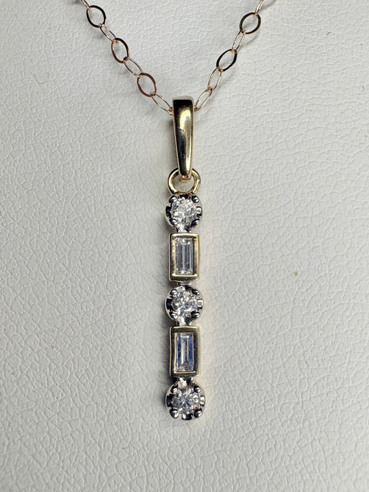 Small Natural Diamond Baguette and Round Bar Pendant Necklace 9k Gold 18"