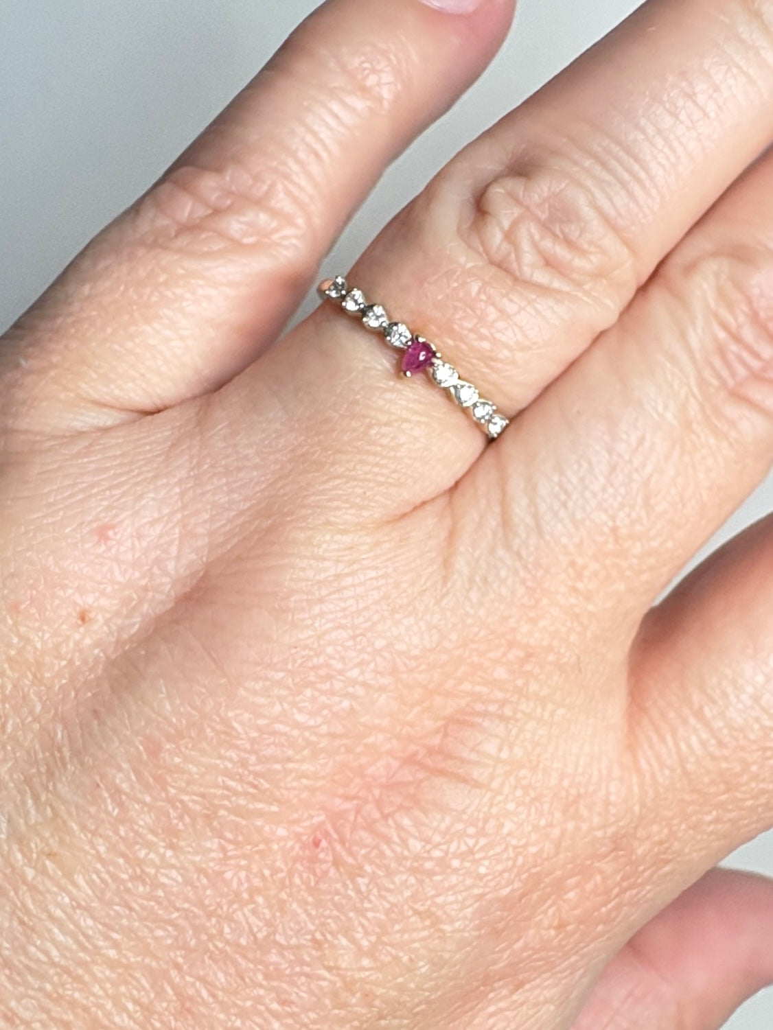 Greenland Ruby Tear and Diavik Canadian Diamond Ring 9k Gold size 7