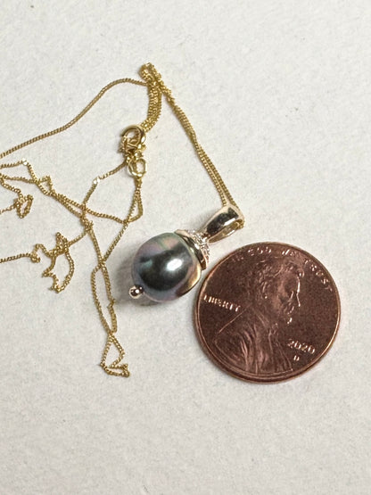 Tahitian Pearl with Zircon Pendant Necklace in Solid 9K Gold 18"