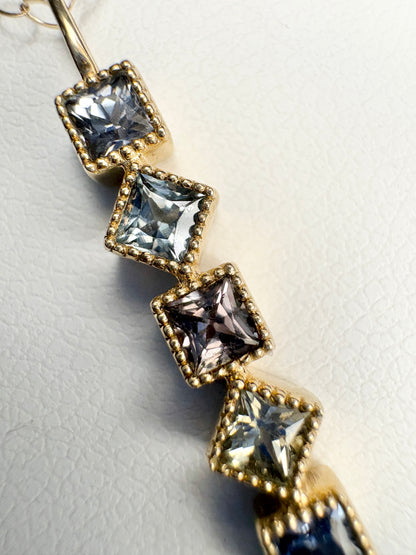 Natural Multi-Color Princess Cut Sapphire Bar Pendant Necklace in 9k Gold 18"