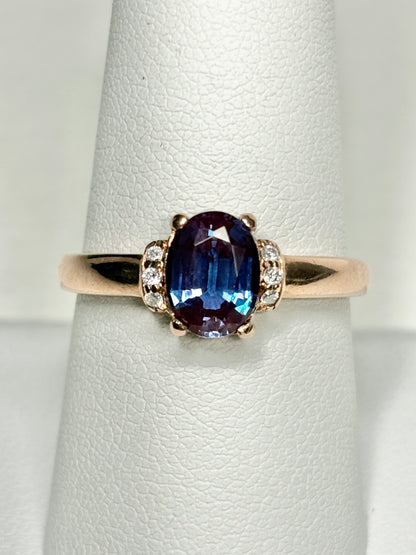 Russian Lab Grown Alexandrite Chrysoberyl and Diamond Ring Solid 10k Rose Gold size 8.75