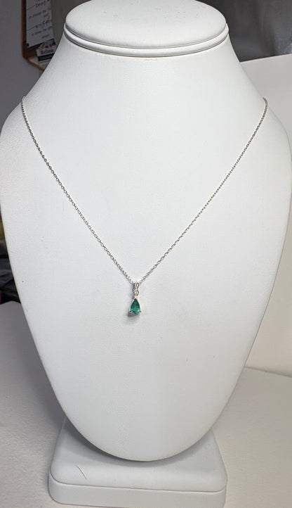 Zambian Emerald Pear Shaped Solitaire Pendant Necklace Sterling Silver 19"