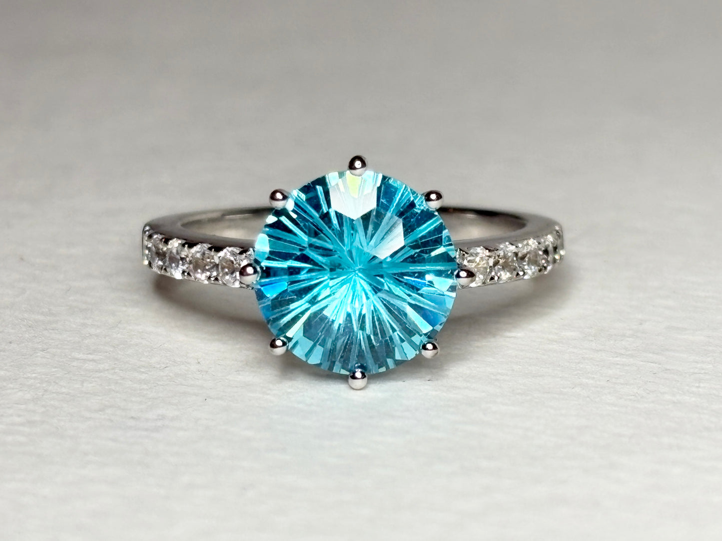 Honeycomb Cut Blue CZ Solitaire Ring in Sterling Silver size 8
