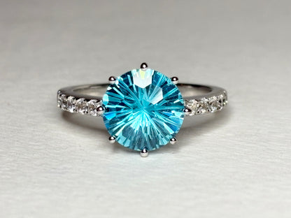 Honeycomb Cut Blue CZ Solitaire Ring in Sterling Silver size 8