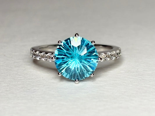 Honeycomb Cut Blue CZ Solitaire Ring in Sterling Silver size 8