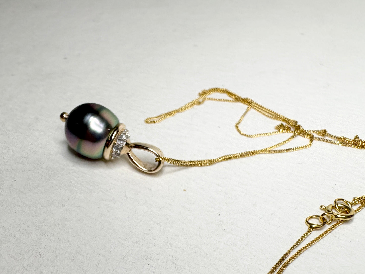 Tahitian Pearl with Zircon Pendant Necklace in Solid 9K Gold 18"