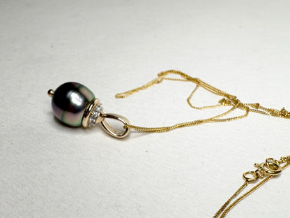 Tahitian Pearl with Zircon Pendant Necklace in Solid 9K Gold 18"