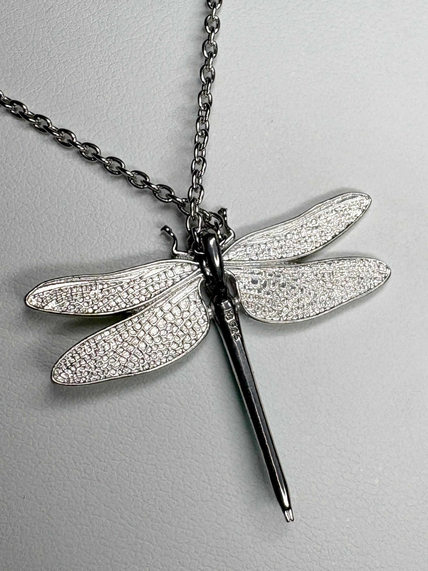 30mm Rainbow Dragonfly Necklace. Sterfling Silver-White Sapphires