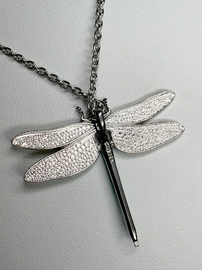 30mm Rainbow Dragonfly Necklace. Sterfling Silver-White Sapphires