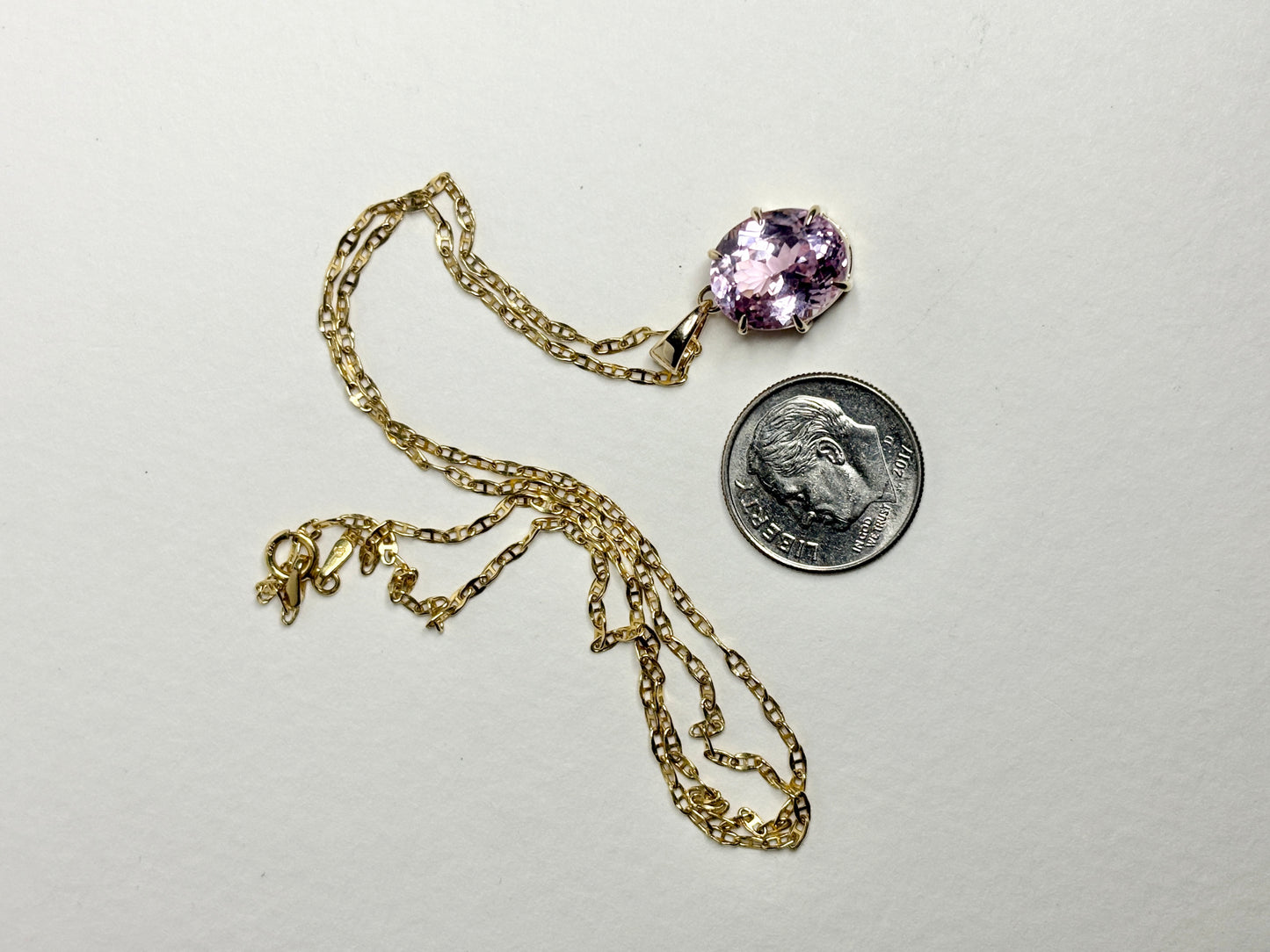 Kunzite Solitaire Pendant Necklace 9k Gold 18"