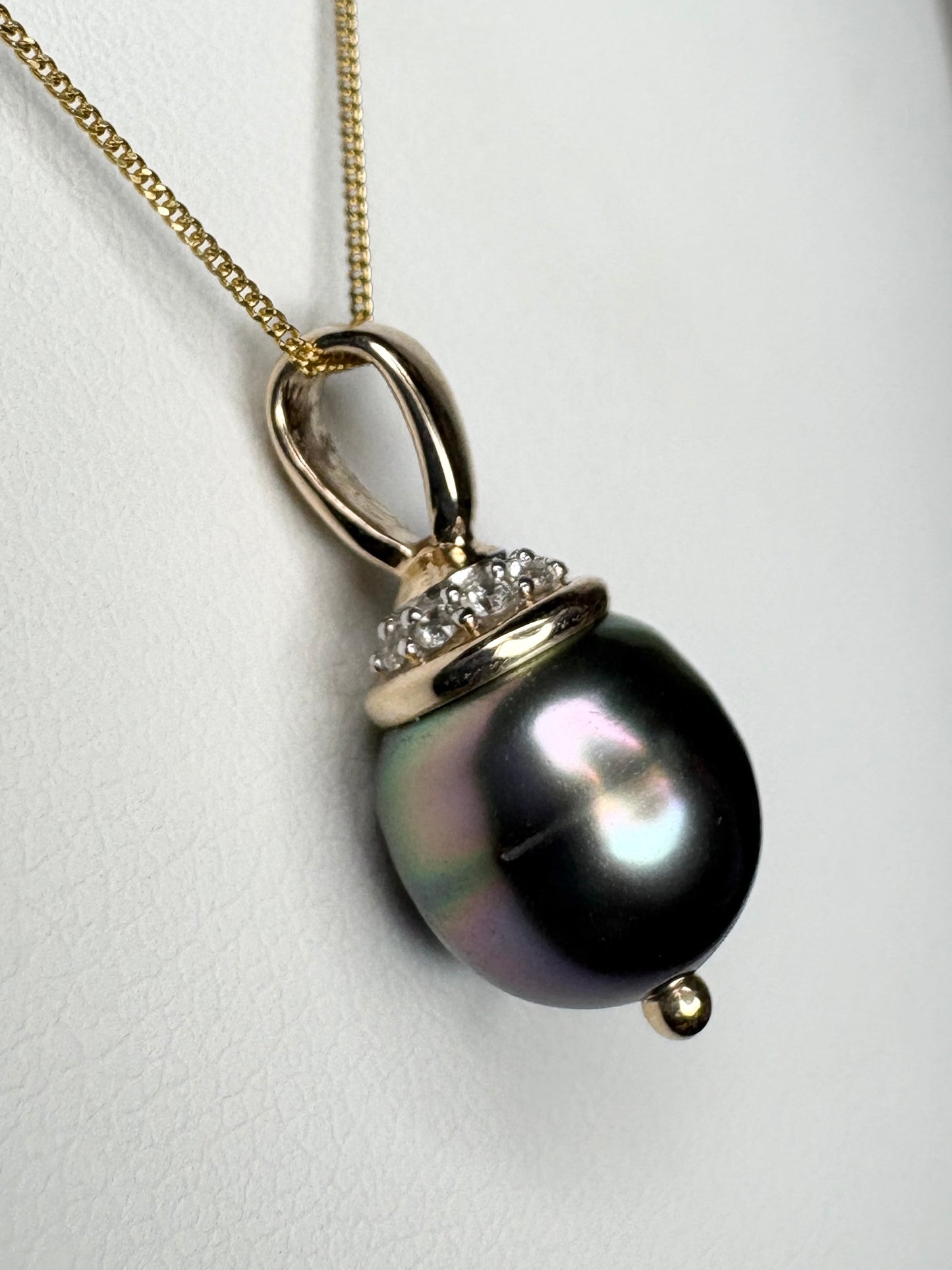 Tahitian Pearl with Zircon Pendant Necklace in Solid 9K Gold 18"