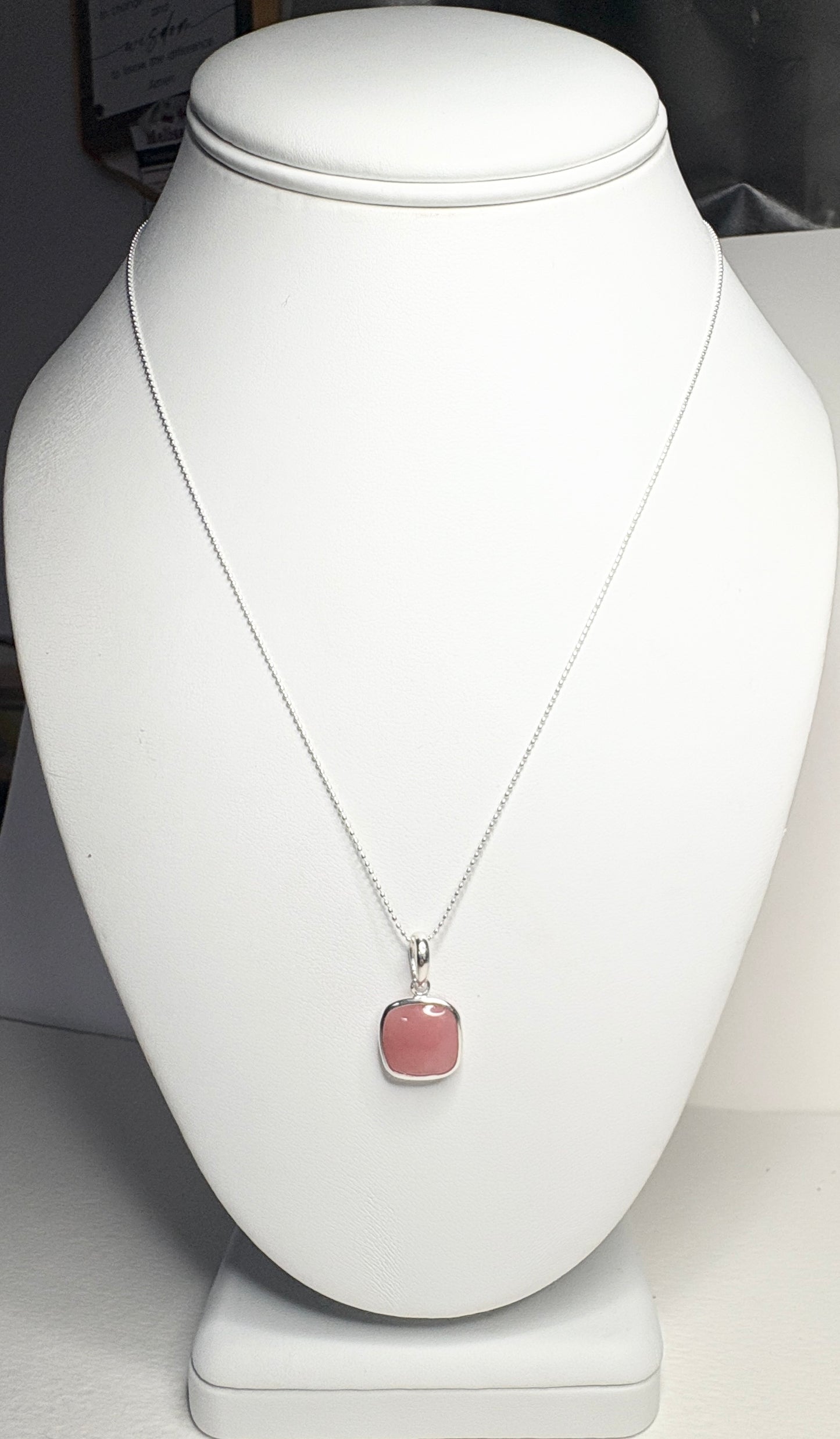 Natural Coral Chalcedony Bezel Pendant Necklace Sterling Silver 18"
