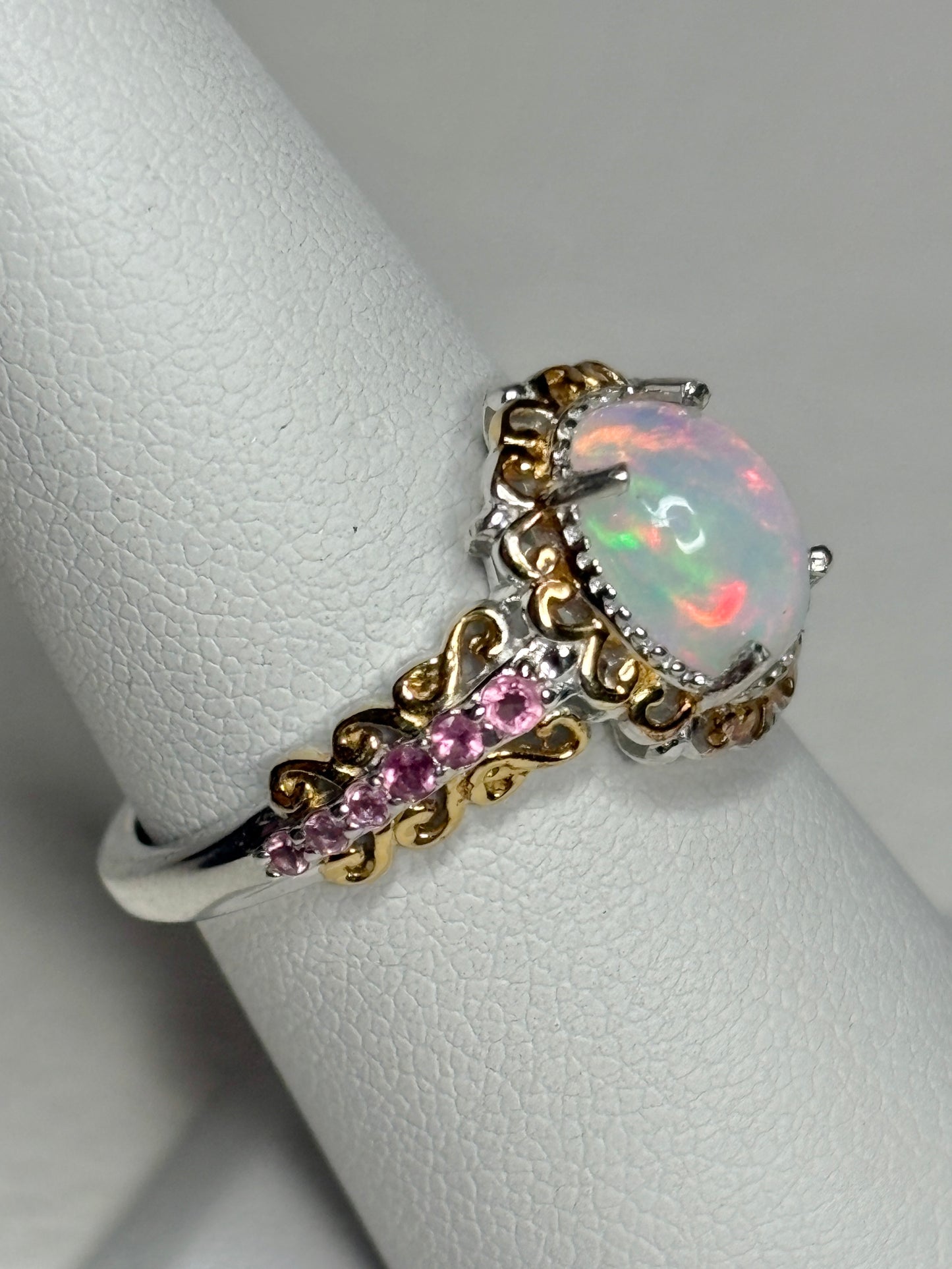 Ethiopian Wello Opal and Pink Tourmaline Ring Sterling Silver Gold Accents size 7