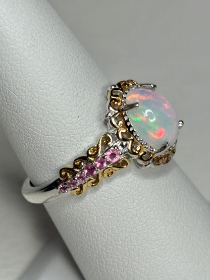 Ethiopian Wello Opal and Pink Tourmaline Ring Sterling Silver Gold Accents size 7