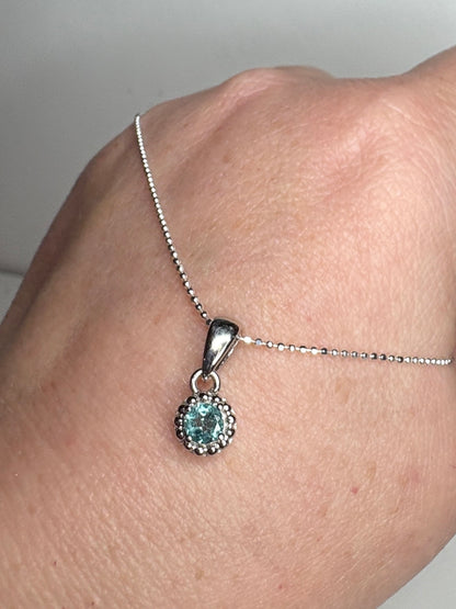 Brazilan Lagoon Tourmaline Beaded Solitaire Pendant Necklace Sterling Silver 4mm 18"