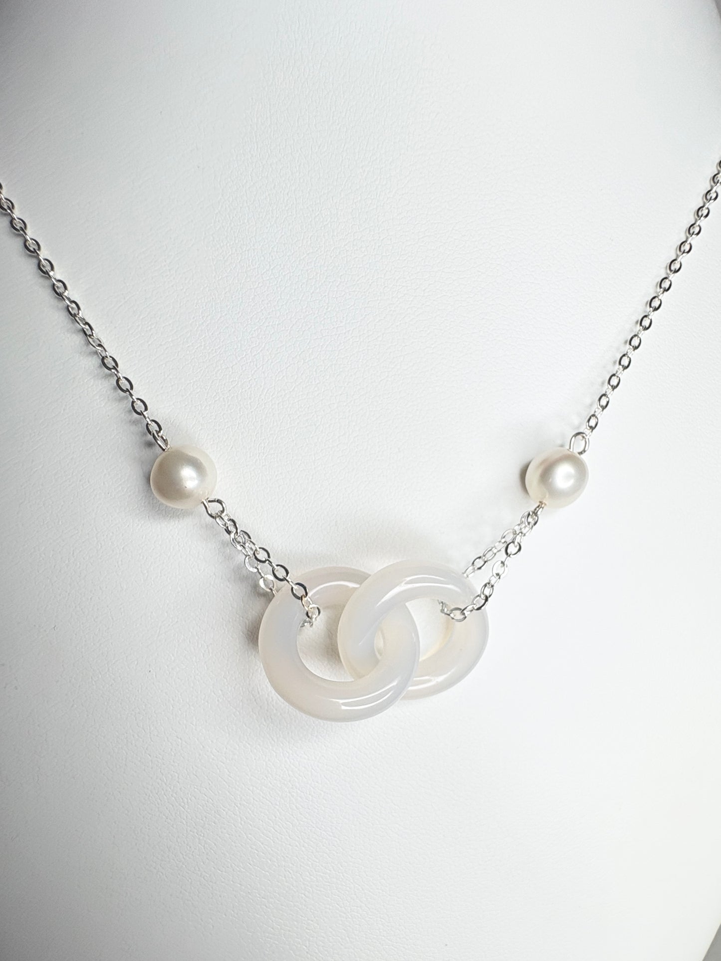 Linked Chalcedony and Cultured Freshwater Pearl Sterling Silver Necklace 19"