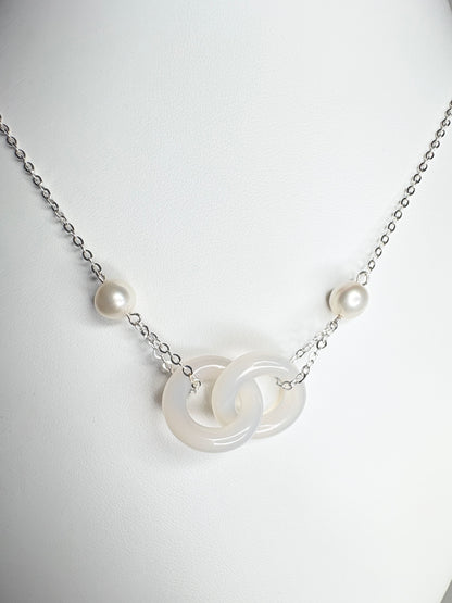 Linked Chalcedony and Cultured Freshwater Pearl Sterling Silver Necklace 19"