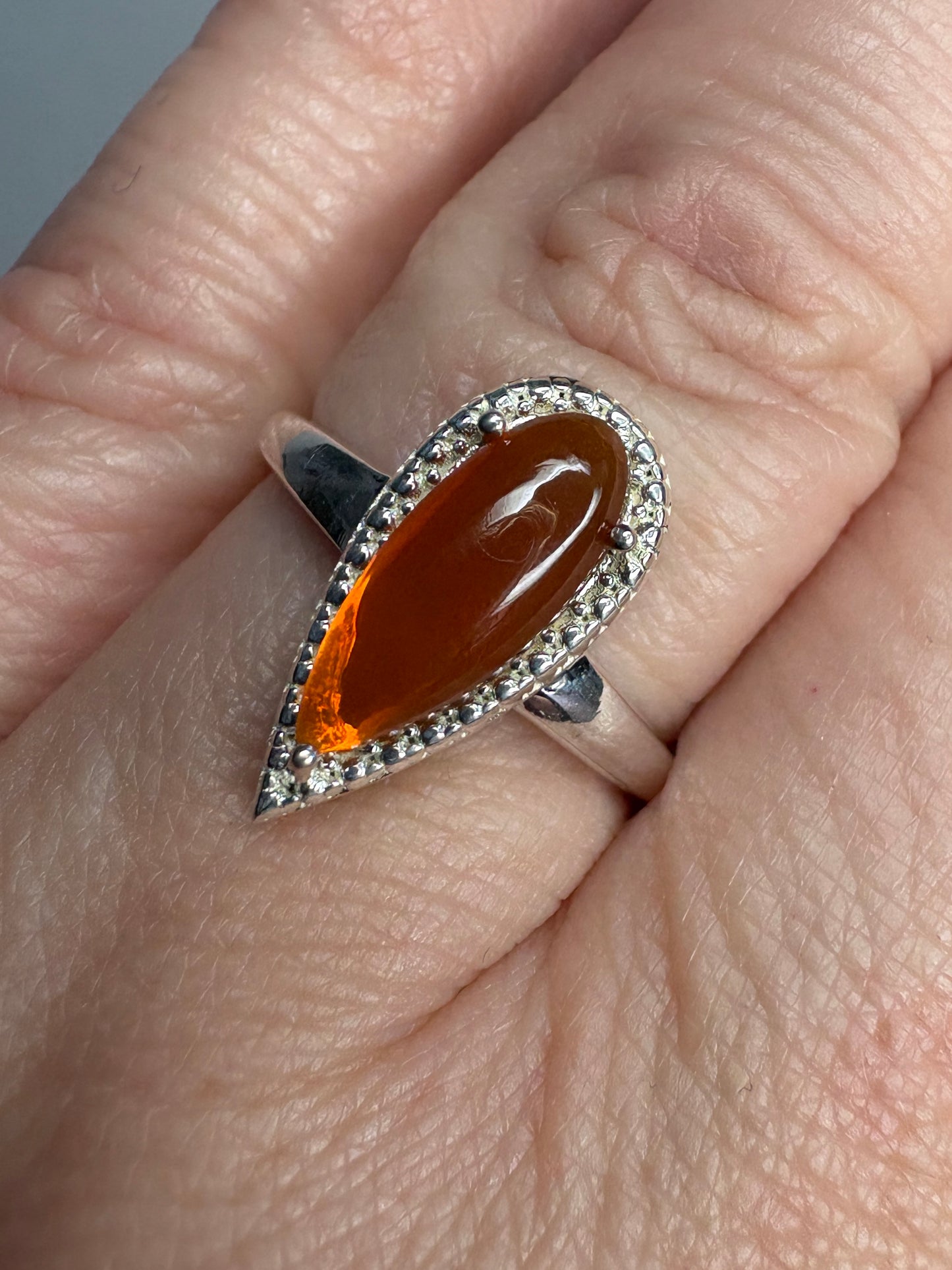 Oregon Fire Opal Cabochon Teardrop Ring Sterling Silver size 7
